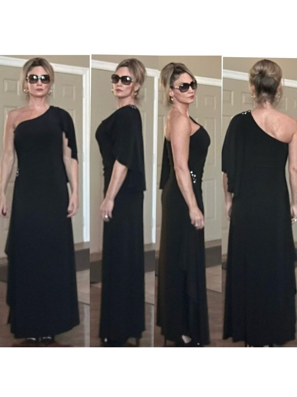 Cache black one shoulder draped sleeve beaded rhinestone ruched maxi gown dress